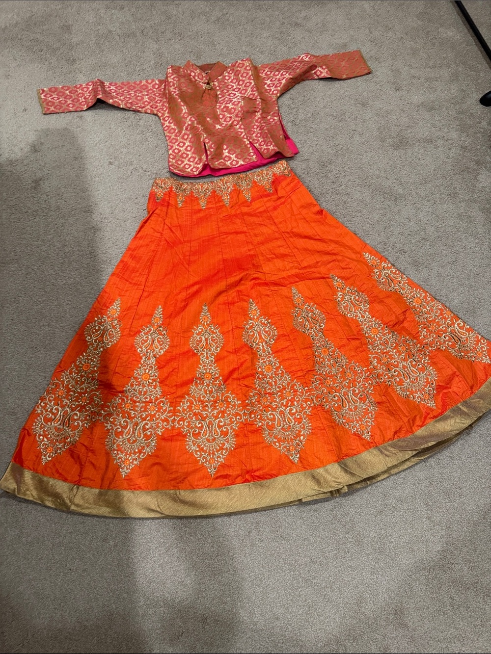 Women’s Orange Embroidered Maxi Skirt with Gold Trim